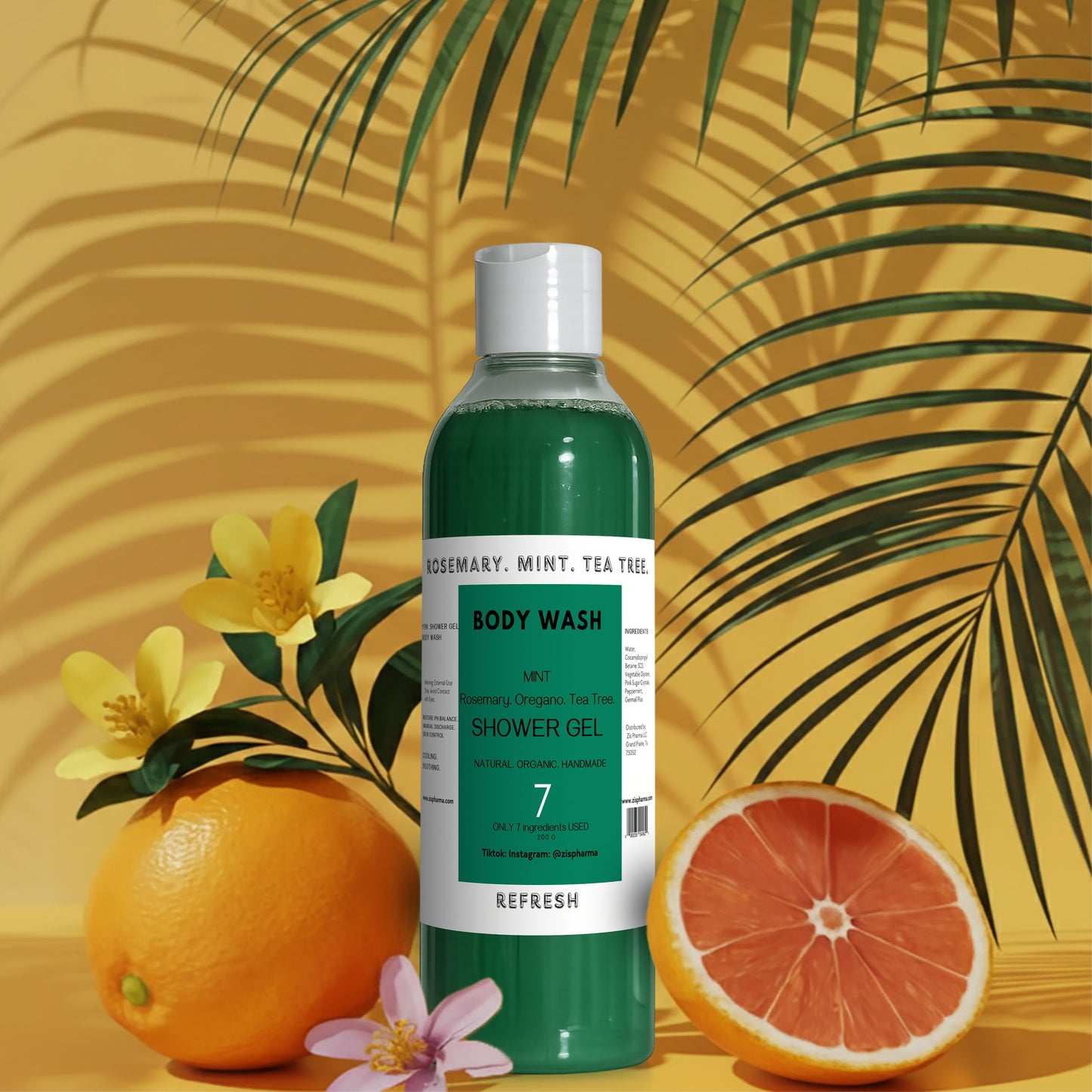 Plant Based 7-Ingredient Body Wash Shower Gel. Rosemary. TeaTree. Oregano. Mint. Botanical Ingredients!