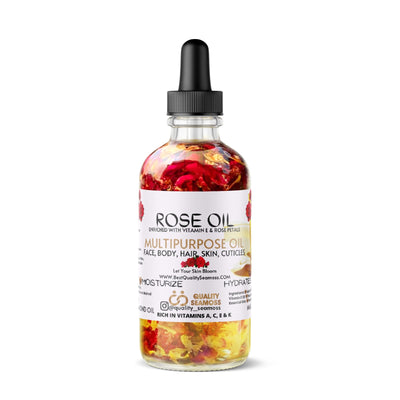 Organic Multipurpose Rose Oil for Face, Body and Hair - Apricot, Vitamin E and Sweet Almond Oil Moisturizer, Bergamot for Dry Skin, Scalp and Nails