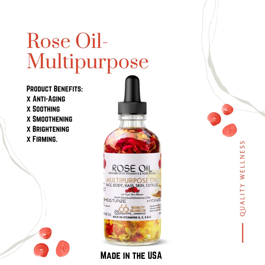 Organic Multipurpose Rose Oil for Face, Body and Hair - Apricot, Vitamin E and Sweet Almond Oil Moisturizer, Bergamot for Dry Skin, Scalp and Nails