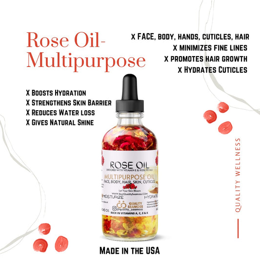 Organic Multipurpose Rose Oil for Face, Body and Hair - Apricot, Vitamin E and Sweet Almond Oil Moisturizer, Bergamot for Dry Skin, Scalp and Nails