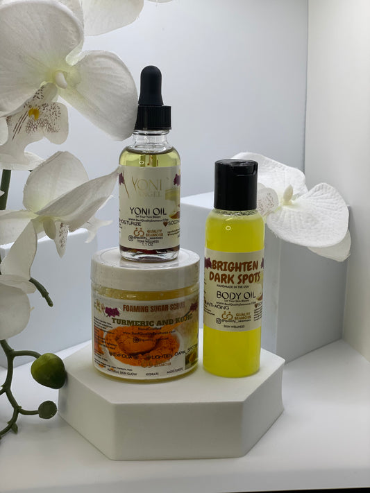 Turmeric-Kojic Acid Oil (2oz) + Yoni Oil (1oz)+ Turmeric-Kojic Sugar Scrub (4 oz)